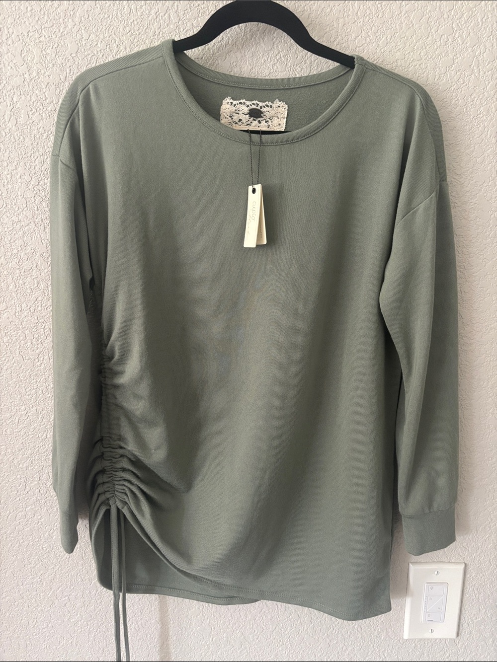 Cupio Sage Green Long Sleeve Side Ruched Top